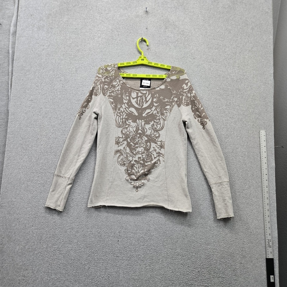 FOX Women Shirt M Beige Graphic Floral Scroll Print Logo Long Sleeve Grunge Y2K